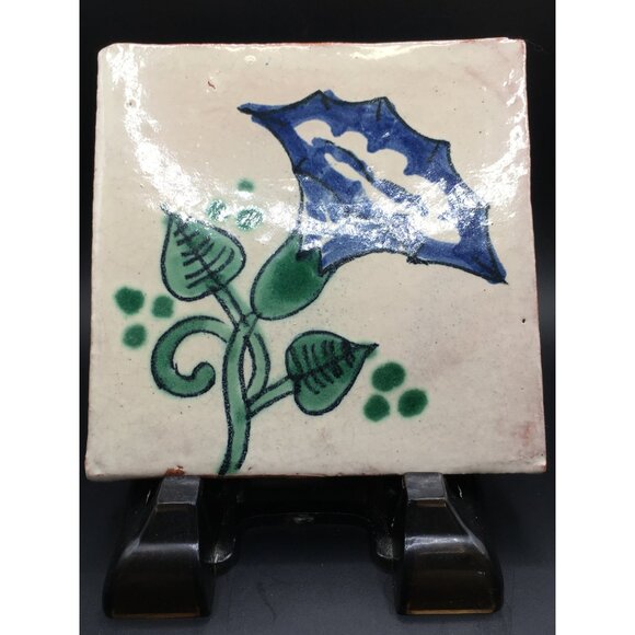Vintage Mexican Talavera Tile Ceramic Blue Floral Green Foliage Design 4.5"x4.5" - Picture 2 of 11